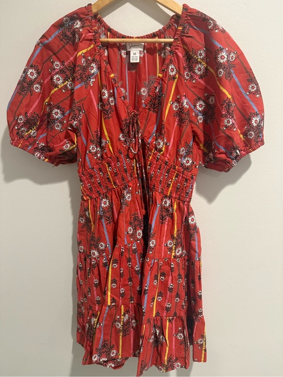 Japna Dresses & Skirts - Japna Red Floral Puff Sleeve Smocked Cotton Mini Dress M Boho Fall Festival